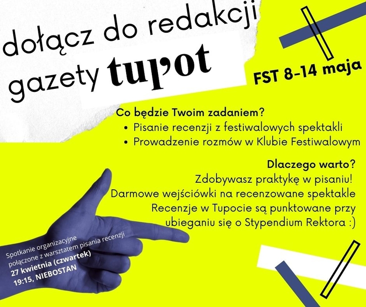 Plakat przedstawiający czarny tekst na żółtym tle, zachęcający do udzialu w redakcji gazety TUPOT.